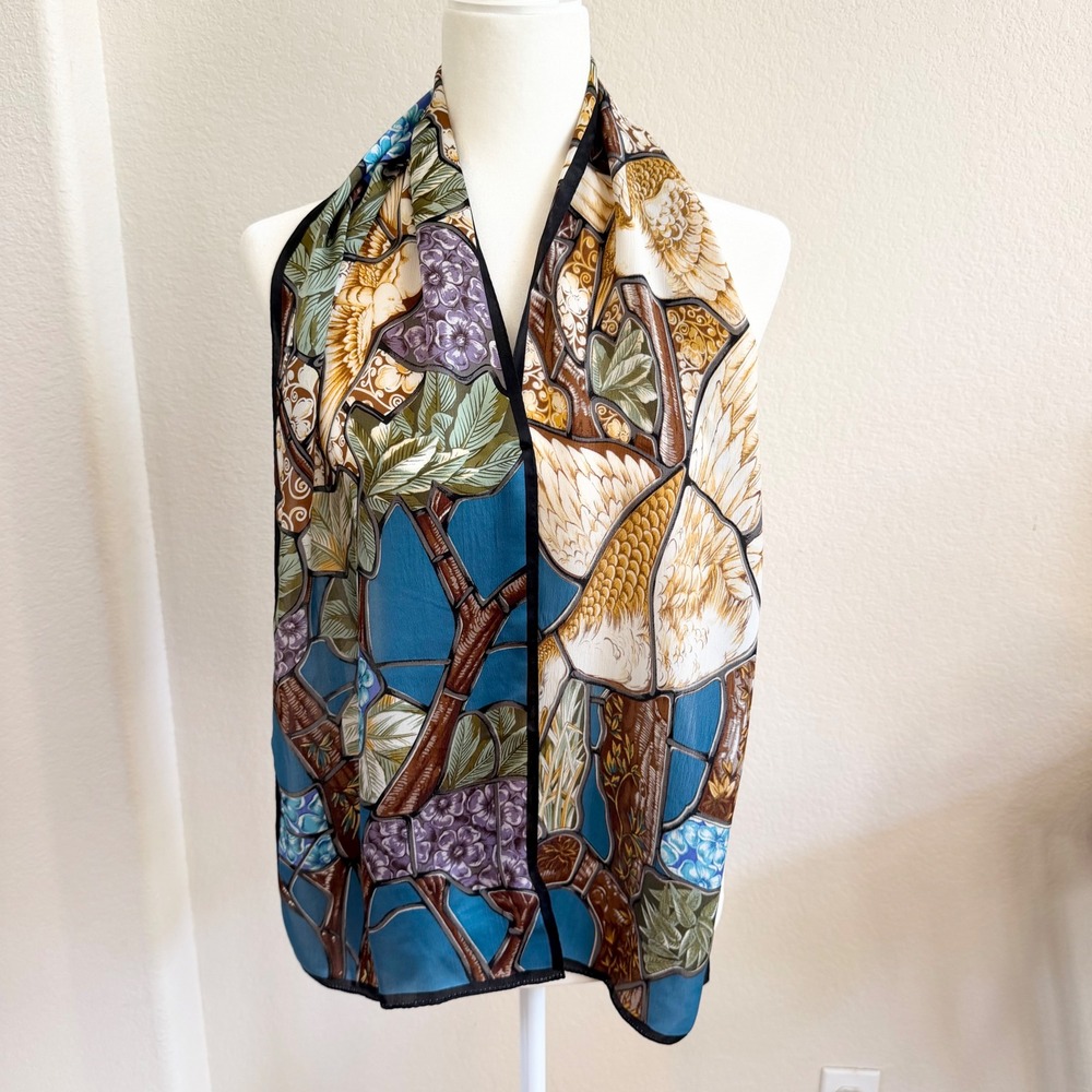 Corning Museum of Glass Silk Scarf Stained Glass Water Fowl Blue Bird Japan NEW